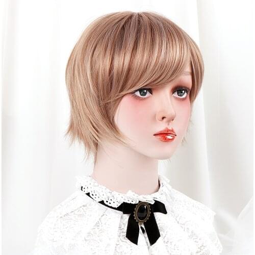 Free Beauty 10" Short Straight Synthetic Ashy Brown Strawberry Blonde Ginger Hair Bob Wigs with Side Bangs for Women Daily