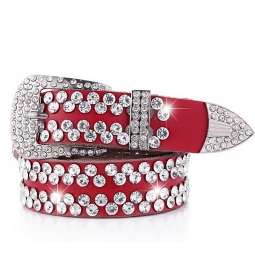 Cinturones dress women jean dames cowhide full rhinestone RED BELT casual 2021 fashion Pin buckle casual cheap GIFT anchos 3.5CM