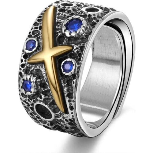 S925 silver original design inlaid blue zircon domineering retro starry shape base mens jewelry opening adjustable ring