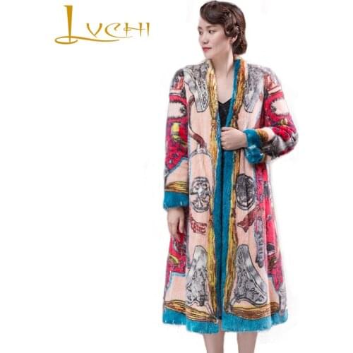 LVCHI 2017Winter Imported Swan Velvet Mink Coats Print Real Fur Natural Fur Mink Womens Medium Contrast Color Causal Mink Coat