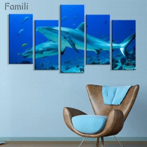 Modern simple 5 piece canvas art no frame wall art big shark Multigang adornment picture decorative pictures Printing