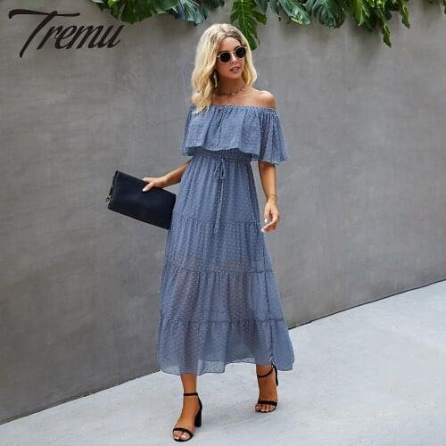 TREMU Chiffon Maxi Dress Slash Neck Backless Casual Women Summer Butterfly Sleeve Solid Cascading Ruffle Long Dresses
