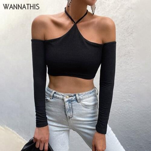 WannaThis Knite Off Shoulder T-Shirts Long Sleeve Halter Casual Crop Top Womens Chic Sexy Fashion Casual Cropped Tees Wholesale