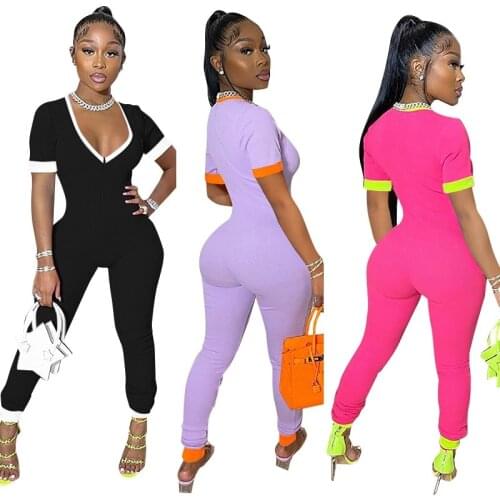 S-XL Women Clothing Summer Jumpsuit Short Sleeve v Neck Solid Color Club Sexy Bodycon Romper Wholesale Dropshipping