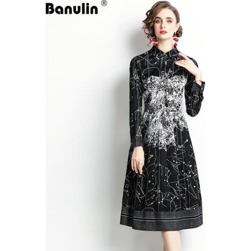 Banulin 2021 Autumn Runway High Street Retro Shirt Dress Women Long Sleeve Vintage Black Print Midi Pleated Party Vestido N68392