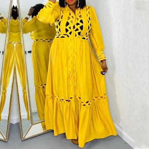 Sexy Hollow Dashiki Dress Womens Solid Color Lapel Long Sleeve Buttons African Clothing Fashion Trend Stitching Maxi Dress 2021
