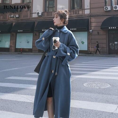 JuneLove Autumn Winter Women Casual Woolen Coat Vintage Female Long Windbreaker Jackets Korean Wool Coat lady Overcoats Outwears