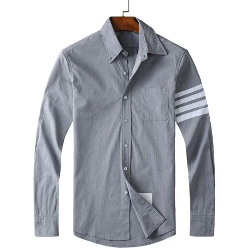2021 Fashion TB THOM Brand Shirts Men Slim Gray Long Sleeve Casual Shirt Thin Turn Down Collar Poplin Solid Mens Clothing