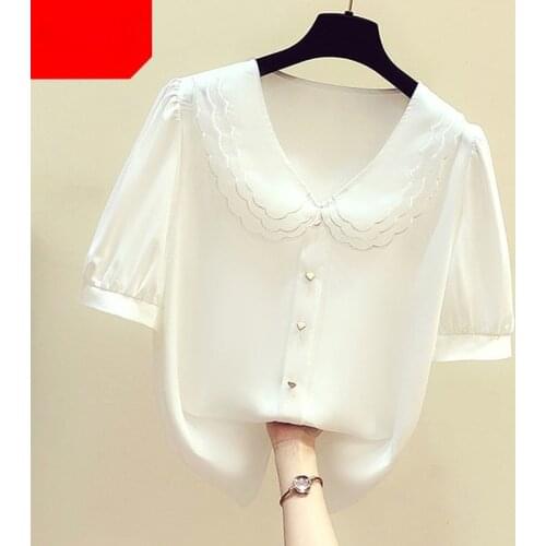 Oversized 5XL Chiffon Women White Shirts Summer New 2021 Turn-Down Collar Elegant Solid Office Lady Outwear Tops