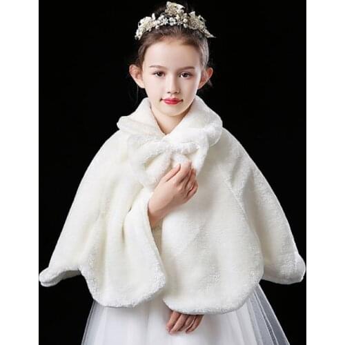 Flower Girls Thicken Plush Bolero Shrug Princess White Faux Fur Coat Shoulder Cape Wedding Dress Shawl Wraps Stole Bowknot