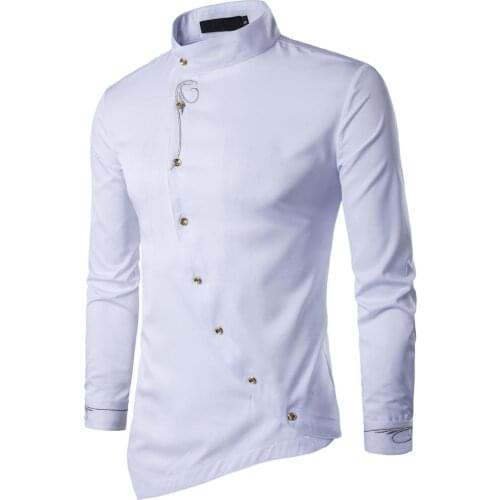 Mens Shirt Long Sleeve Stand Collar Solid Color Embroidered Diagonal Cardigan Shirt Casual Single-Breasted Slim Type Tops