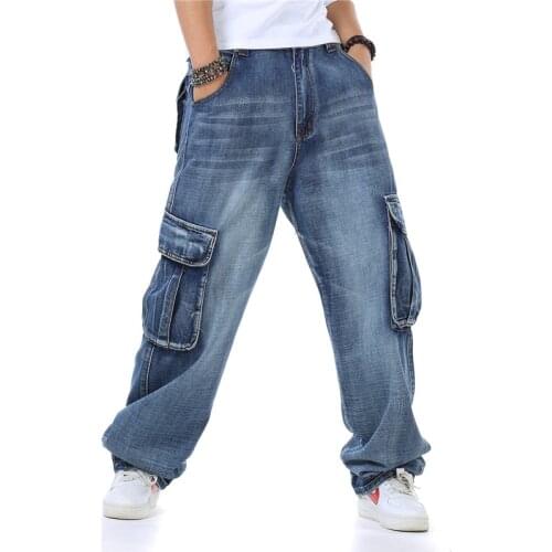 Jeans For Men 2021New Brand Mens Straight Denim Cargo Pants Biker Jeans Men Baggy Loose Blue Jeans With Side Pocket