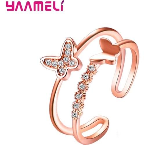 Sales Popular Women Girls Finger Rings Solid 925 Sterling Silver CZ Crystal Butterfly Wedding Engagement Decoration Adjustable