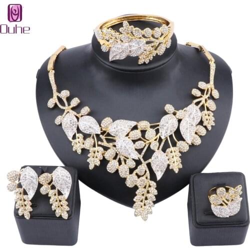 Women Girl Wedding Accessories African Beads Jewelry Set Costume Gold Color Crystal Necklace Bangle Ring Earring Jewelry Sets