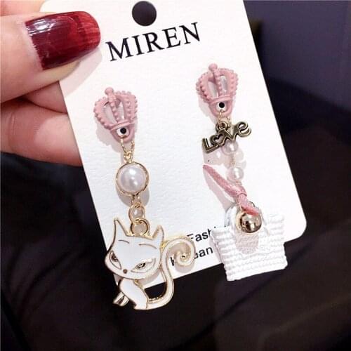 Korean Crown Cat Earrings love Hollow Enamel Bag Asymmetry Earrings Fashion Stud Earring For Women Girl Earrings Jewelry E639