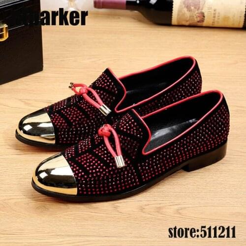 Italian Style Handmade Red Rhinestone Mens Loafers Shoes Golden Cap Mens Dress Flats Shoes Luxury Party Wedding Shoes