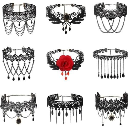 New Collares Sexy Punk Chokers Crystal Black Lace Neck Choker Necklace Retro Womens Halloween Jewelry Collar Necklace Parts