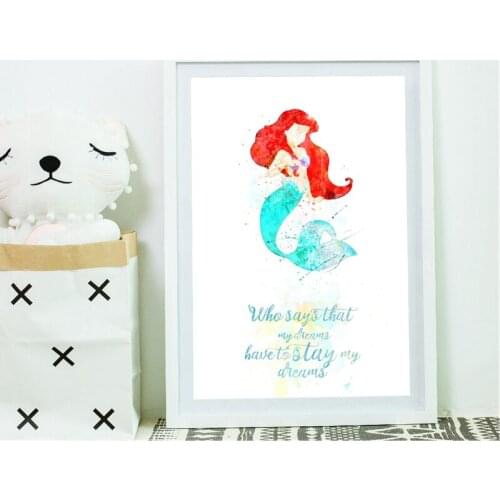 Girls Gift Little Mermaid Princess Canvas Art Print Watercolour Abstract Poster Dreams Quote Painting Wall Picture Nursery Decor