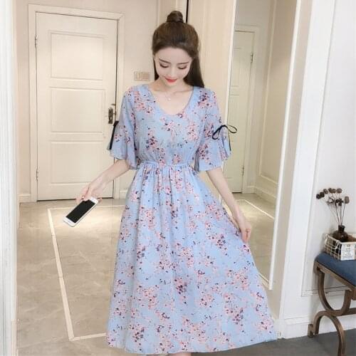 Women chiffon dress 2021 spring summer fashion female elegant vintage prited floral short sleeve loose a-line boho dress S-3XL