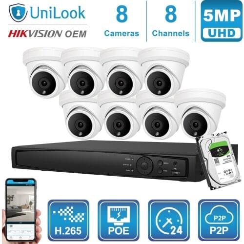 UniLook 8CH NVR 4/6/8Pcs 5MP POE IP Camera NVR Kit Outdoor Security system Night Vision Hikvision OEM Onvif H.265 P2P View