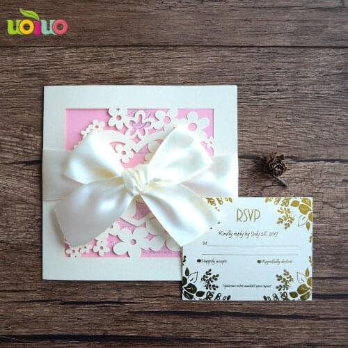 DIY customzied inc162 fold Laser Cut cream Wedding invitations Card,metallic printing card,tied bow,envelope seal
