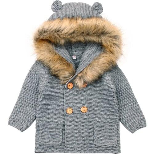 Winter Warm Newborn Baby Sweater Fur Hood Detachable Grey Infant Boys Girls Knitted Cardigan Outwear Children Knitwear 6-24M