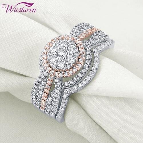 Wuziwen Halo Wedding Rings For Women 2 pcs 925 Sterling Silver Rose Gold Promise Engagement Ring Set Round Cut Zircon Jewelry
