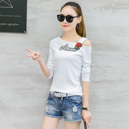 Women Long Sleeve Korean Tshirt 2018 Fashion Rose Embroidery Off Shoulder T-shirt Casual Cotton Tops Female Vetement Femme