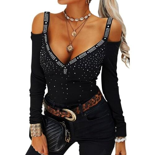 Sexy V-Neck Hot Rhinestone Tops Cold Shoulder Long-Sleeved Sequins Strapy Shirt Female Slim Fit Bodycon Office Lady Work Clothes