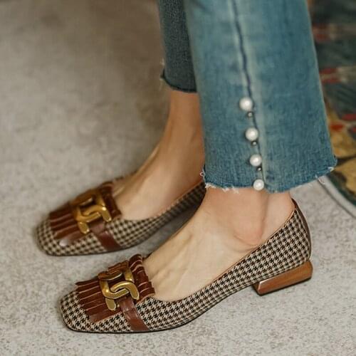 2021 Spring Summer Fashion Women Loafers Low Heels Boat Shoes Square Toe Dress Shoes Metal Decoration High Heels Shoes Women