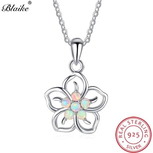 Blaike 100% 925 Sterling Silver Choker Elegant White Fire Opal Cherry Flower Pendants For Women Rainbow Birthstone Necklace