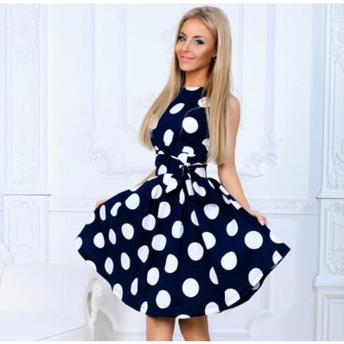 Women Polka Dot Dress Sleeveless O Neck Dresses Sweet Retro Vintage Party Dress Vestidos Robe with belt