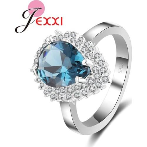 1Pc 925 Sterling Silver Stamp Silver Water Drop Woman Rings Clear Oval Blue Crystal Fashion Wedding Engagement Accessories
