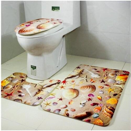 3pcs Bath Mat Set Beach Starfish Decoration Shells Pebbles Pattern Bathroom Rug Anti Slip Toilet Mat Set Shower Carpet