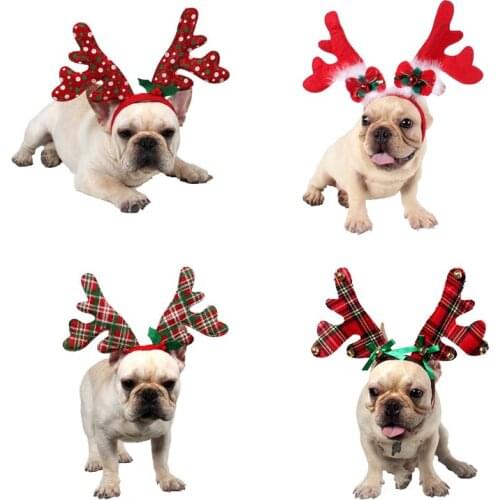 4 Kind New Year Decor Red Green Antlers Elk Horns Pet Cat Dog Puppy Christmas Hairpin Cartoon Pet Hair Hoop Hat Party Decor
