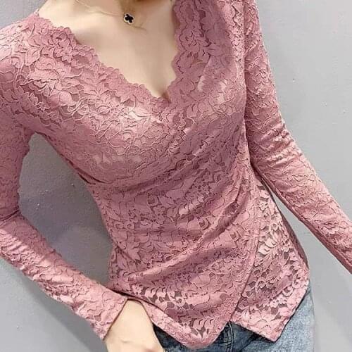 Blouse Women Shirt 2021 Spring V-neck Lace Shirt Womens Long Sleeve Cross Blusas Mujer De Moda