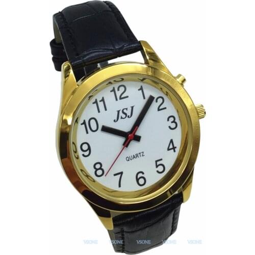 English Talking Watch with Alarm Function, Talking Date and time, White Dial, Black Leather Band, Golden Case TAG-707