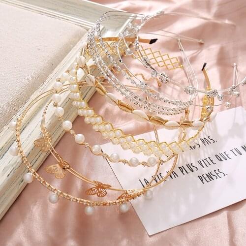 Fashion Thin Metal Pearls Crystal Head Hoop Women Headband Korean Double Row 3 Drainage Hairband Pearl Hair Accessories Tiaras