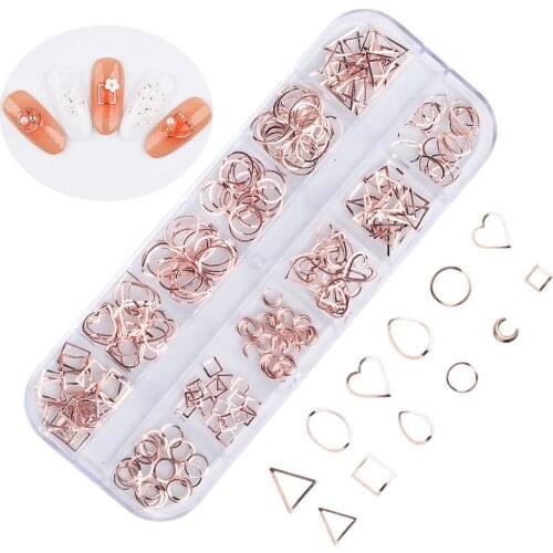 Latest Japanese nail art rivet/stud set gold/rose gold 3D alloy curved metal frame alloy hollow circle 12 styles