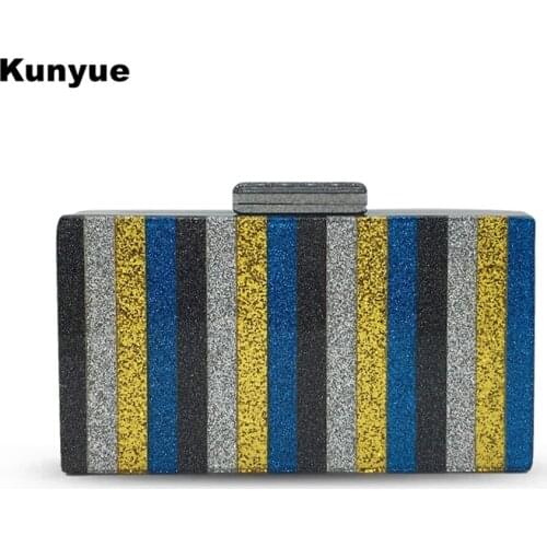 New Design Acrylic Women Clutch Purse Colorful Patchwork Striped Handbag Lady Cute Casual Evening Bag Chic Bling Glitter Wallets