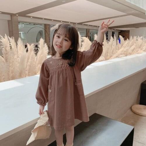 Autumn New Toddler Girls Dress Korean Solid Embroidery Long Sleeve Dress for Girl 2-8 Y Baby Kids Casual Knee-Length Dress 2020