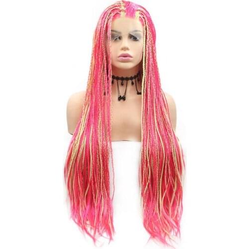 Braided Wigs for Women Pink Lace Front Wig Mix Yellow Highlight Colorful Synthetic Heat Resistant Fiber Crochet Braids Wigs