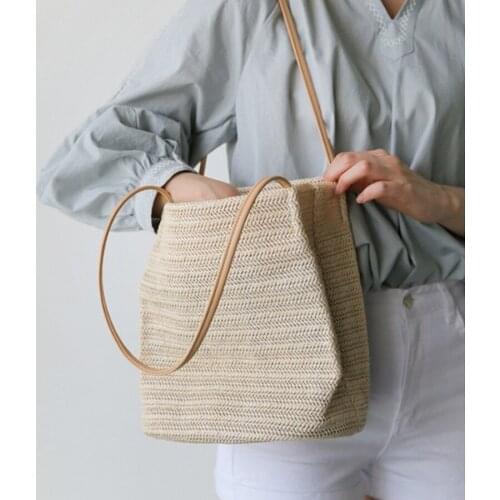 Handmade Beach Woven Shoulder Straw Bag For Women Casual Tote Solid Bohemia Handbag Soft Holiday Bucket Bag Ladies New