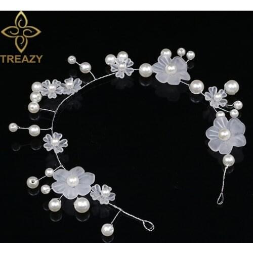 TREAZY Bridal Handmade Imitation Pearl White Flower Headband Wedding Hair Accessories Bride Bridesmaid Headdress Flower