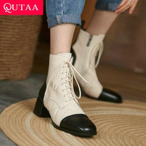 QUTAA 2022 Square Heel Lace Up Women Shoes Mixed Color Leather Ankle Boots Round Toe Platform Fashion Short Boots Size 34-42