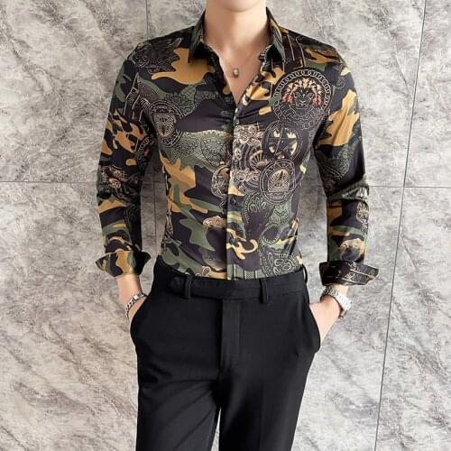 Luxury Print Casual Shirt Men Long Sleeve Slim Dress Shirts 2021 Spring Streetwear Social Nightclub Tuxedo Blouse Chemise Homme
