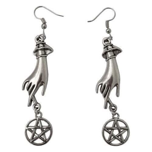 Silver Hand Pentagram Star Pendant Earrings Wiccan Gift