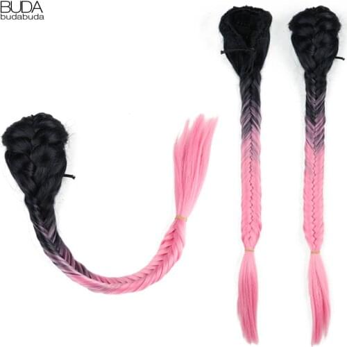 Budabuda Synthetic Hair Plaited Fishbone Drawstring Ponytail Clip In Hair Extensions For White Women Ombre Pink Hair Piece