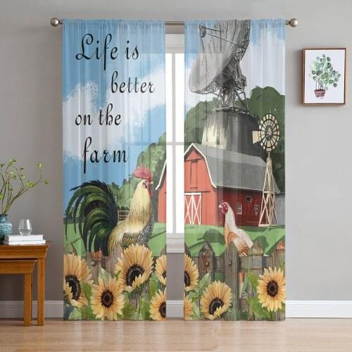 Farm Barn Cock Sunflower Window Treatment Tulle Modern Sheer Curtains for Kitchen Living Room the Bedroom Curtains Decoration