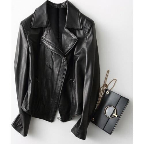 Streetwear Genuine Women 2020 Spring Korean Fashion Vintage MotoShort Sheepskin Leather Jacket Coat 29055